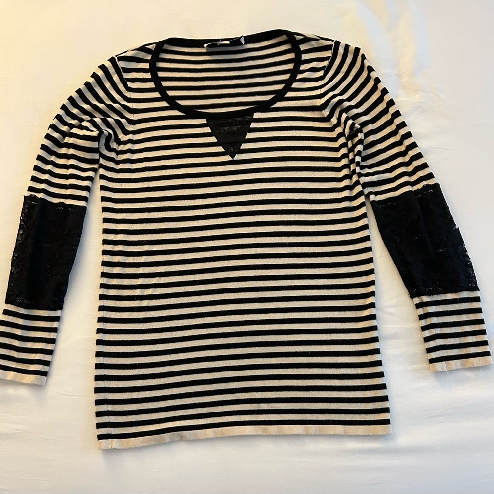 Beyond Vintage- Black and White Stripe Sweater with Lace Details